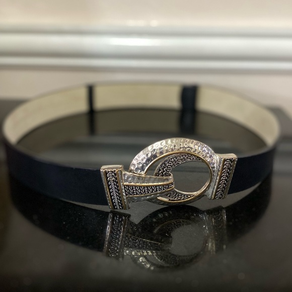 Chicos Adjustable Black Leather Belt Silver Hardware Hook and Loop Pebbled Sz ML CHICO main image 3